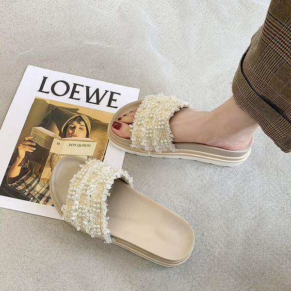 Papuci de dama cu platforma si bretele textile cu perle