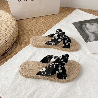 Papuci dama cu panglica in trei culori - talpa plata