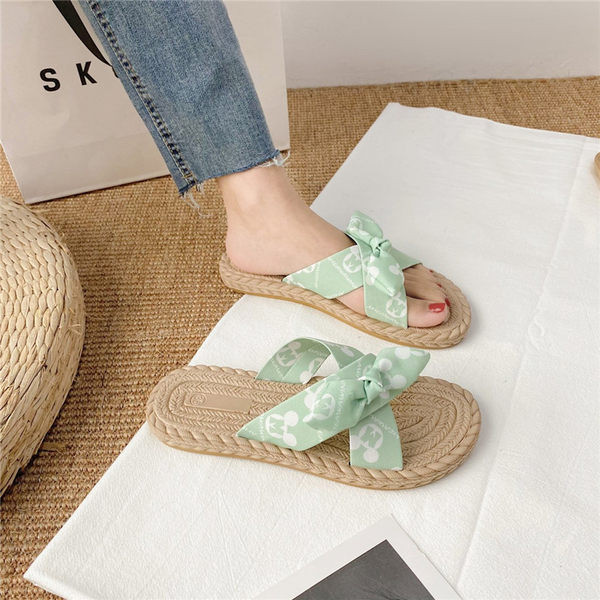 Papuci dama cu panglica in trei culori - talpa plata