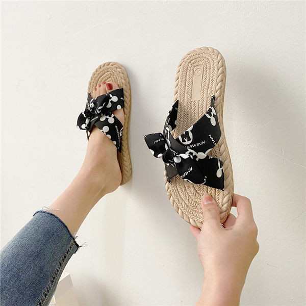 Papuci dama cu panglica in trei culori - talpa plata