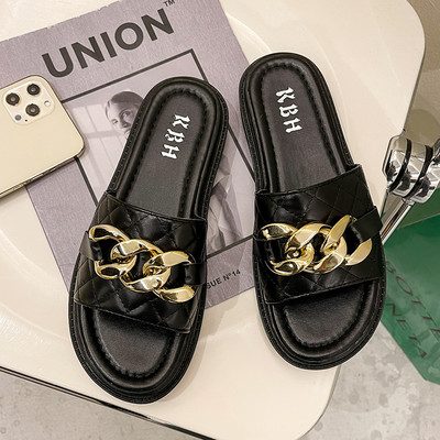 Papuci casual din piele cu decor de lant metalic