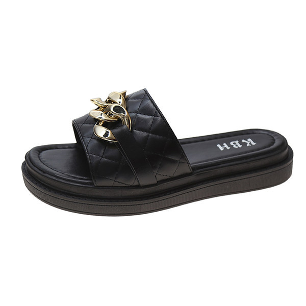 Papuci casual din piele cu decor de lant metalic