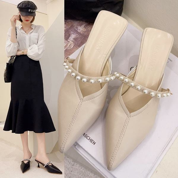 Papuci casual dama cu perle - model ascutit