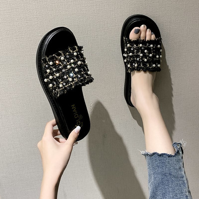 Papuci dama cu talpa inalta perle si pietre decorative