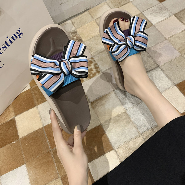 Papuci casual dama cu talpa plata si panglica cu dungi