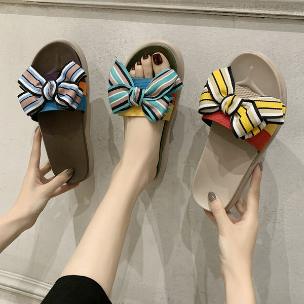 Papuci casual dama cu talpa plata si panglica cu dungi