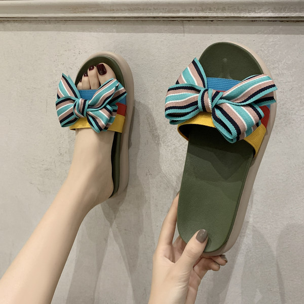 Papuci casual dama cu talpa plata si panglica cu dungi