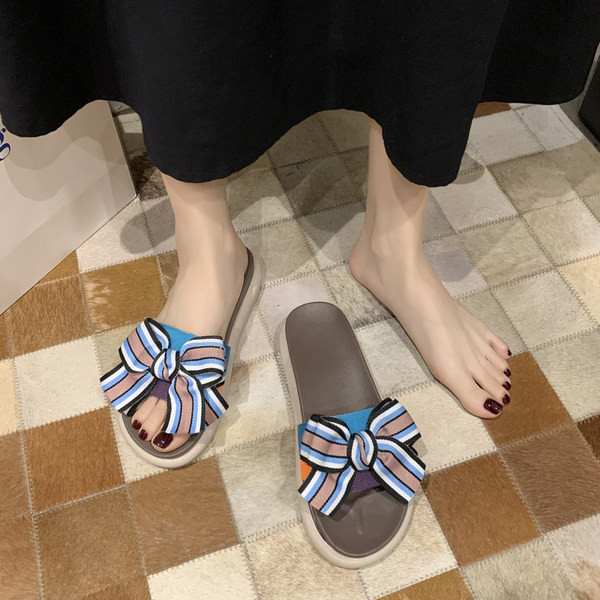 Papuci casual dama cu talpa plata si panglica cu dungi