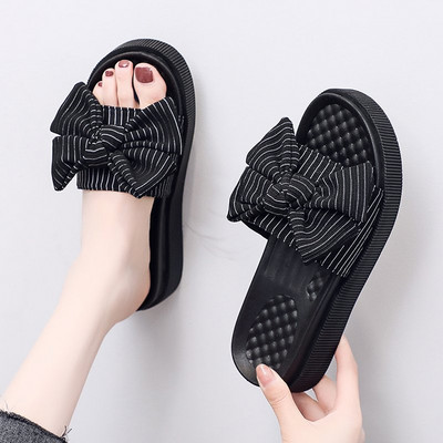 Papuci de dama cu panglica in trei culori si talpa plata