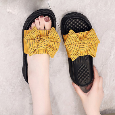 Papuci de dama cu panglica in trei culori si talpa plata