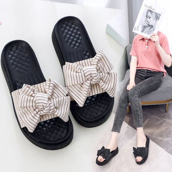 Papuci de dama cu panglica in trei culori si talpa plata