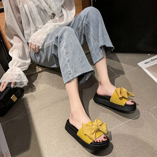 Papuci casual de dama cu talpa groasa si panglica