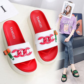 Papuci de damă în roșu și negru cu talpă plată