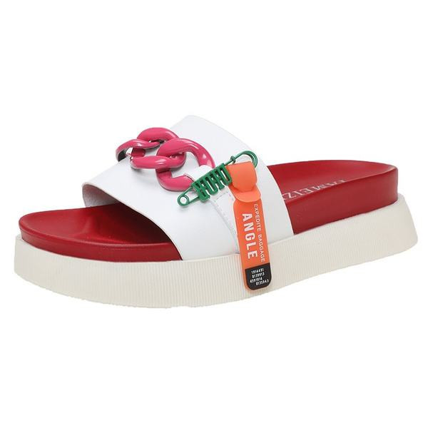 Papuci de damă în roșu și negru cu talpă plată