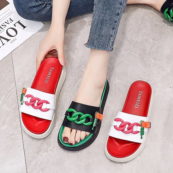 Papuci de damă în roșu și negru cu talpă plată