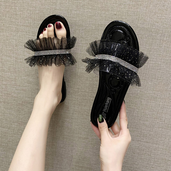 Papuci dama cu tul si element lucios