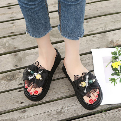 Papuci dama cu talpa de 4 cm si panglica din tul