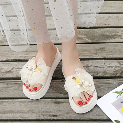 Papuci dama cu talpa de 4 cm si panglica din tul