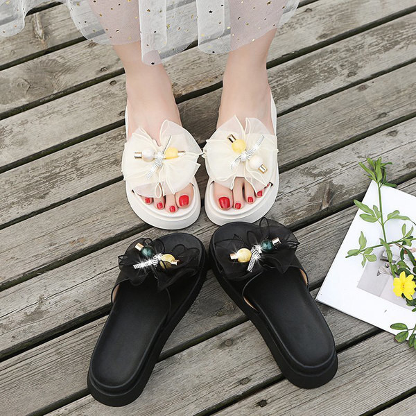 Papuci dama cu talpa de 4 cm si panglica din tul