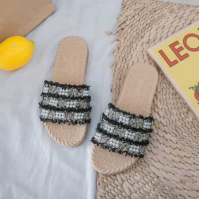 Papuci de damă cu perle și talpă plată - două culori