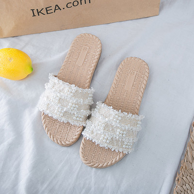 Papuci de damă cu perle și talpă plată - două culori