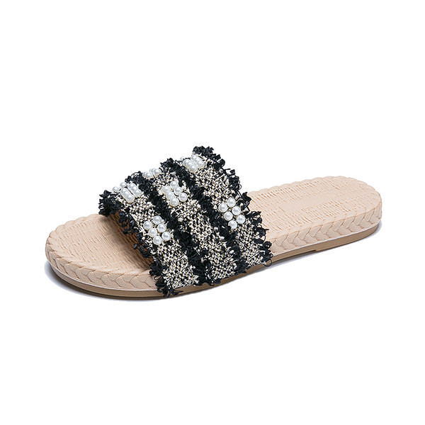 Papuci de damă cu perle și talpă plată - două culori