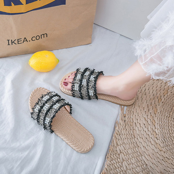 Papuci de damă cu perle și talpă plată - două culori