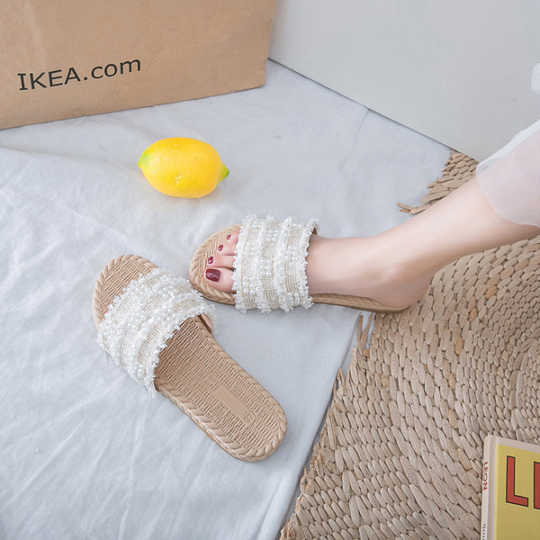 Papuci de damă cu perle și talpă plată - două culori