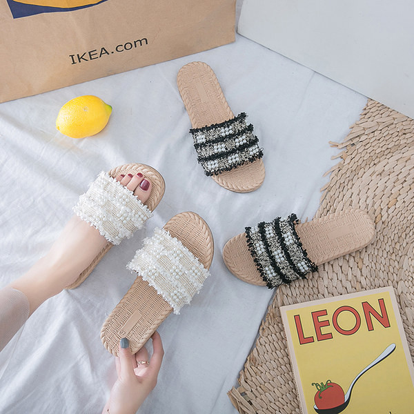 Papuci de damă cu perle și talpă plată - două culori