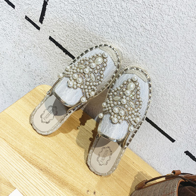 Papuci dama inchisi de primavara cu perle si pietre decorative