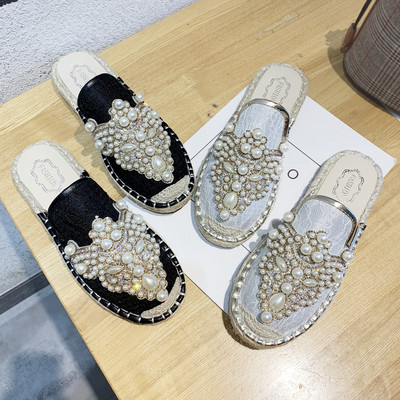 Papuci dama inchisi de primavara cu perle si pietre decorative