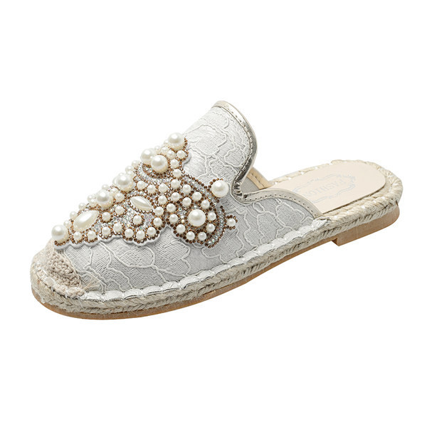 Papuci dama inchisi de primavara cu perle si pietre decorative