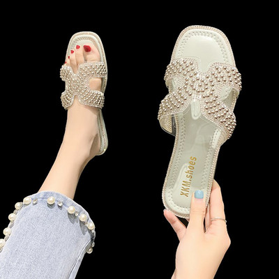 Papuci casual dama cu perle si talpa plata in trei culori