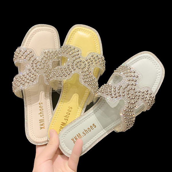 Papuci casual dama cu perle si talpa plata in trei culori