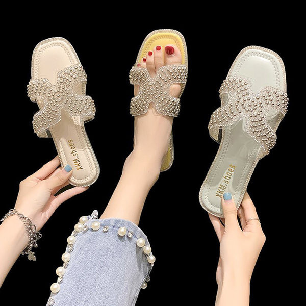 Papuci casual dama cu perle si talpa plata in trei culori
