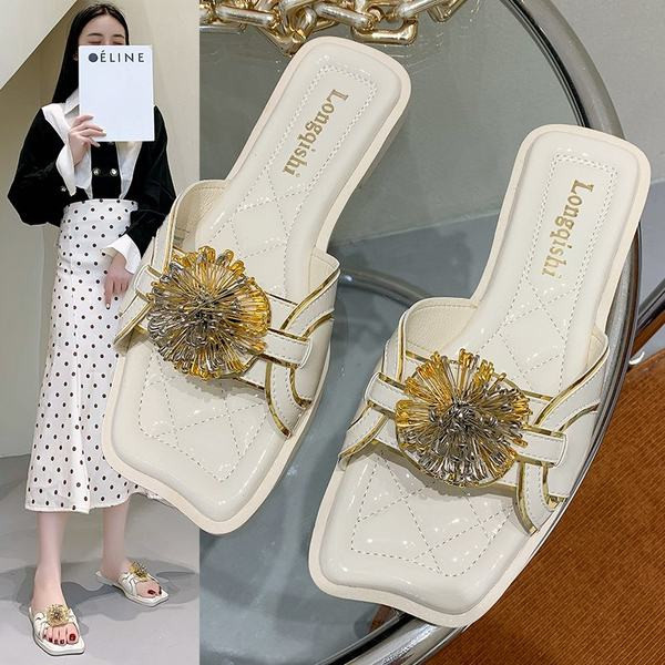 Papuci casual dama cu decor in doua culori