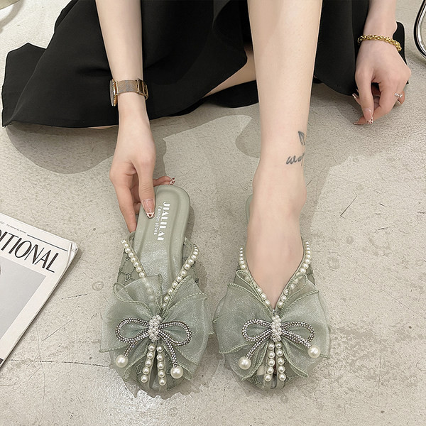 Papuci de dama moderni cu perle si panglica