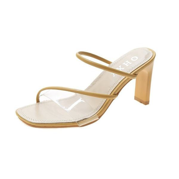 Papuci de dama moderni cu toc transparent de culoare bej