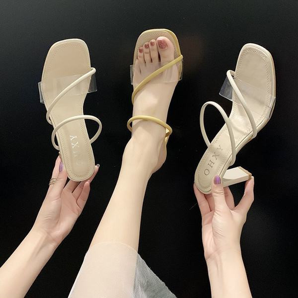 Papuci de dama moderni cu toc transparent de culoare bej