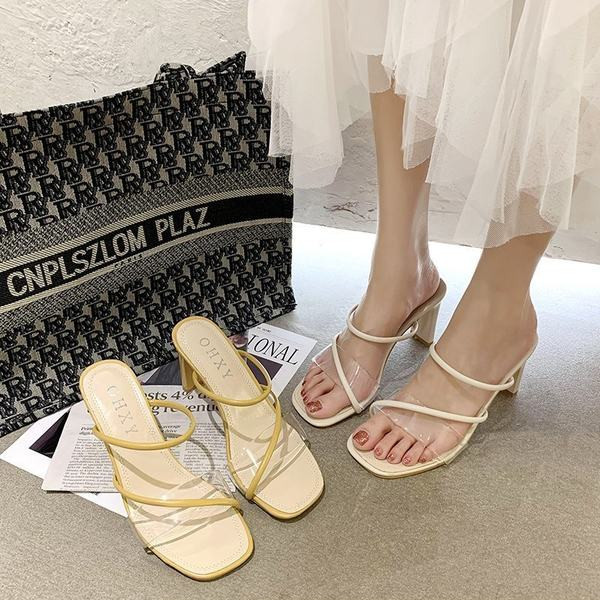 Papuci de dama moderni cu toc transparent de culoare bej