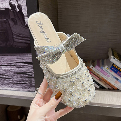 Καθημερινές κλειστές παντόφλες με κορδέλα και πέρλες