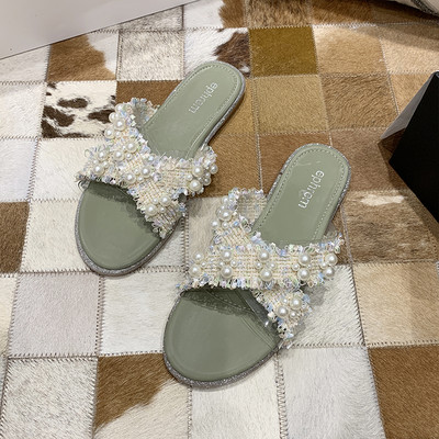 Papuci de dama moderni cu perle in doua culori