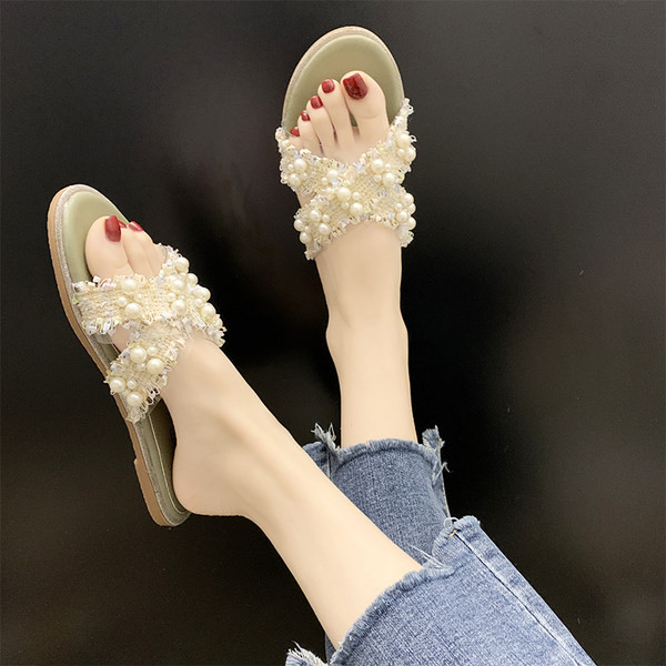 Papuci de dama moderni cu perle in doua culori