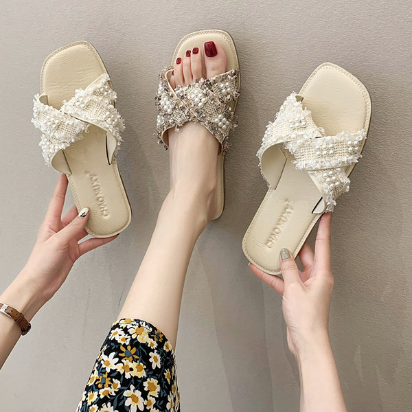 Papuci casual dama in doua culori cu talpa plata