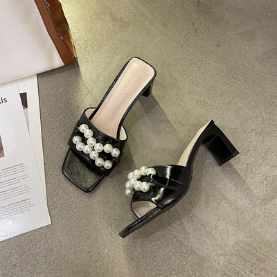 Παντόφλες μοντέρνες γυναικείες  με τακούνι 7 cm και πέρλες