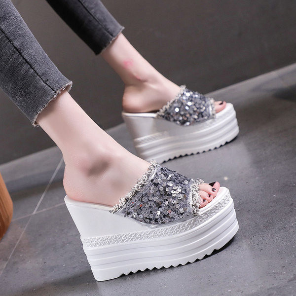 Papuci dama cu platforma de 13 cm si paiete