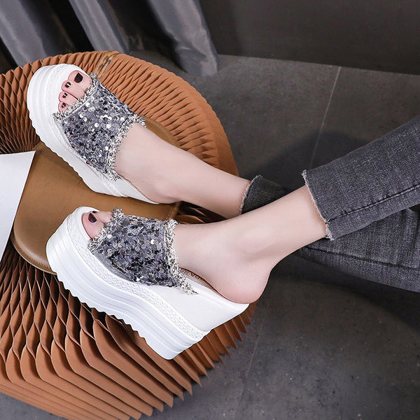 Papuci dama cu platforma de 13 cm si paiete