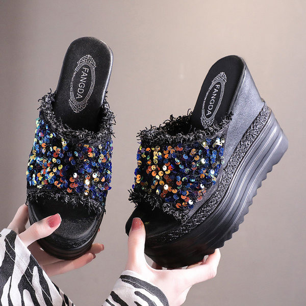 Papuci dama cu platforma de 13 cm si paiete