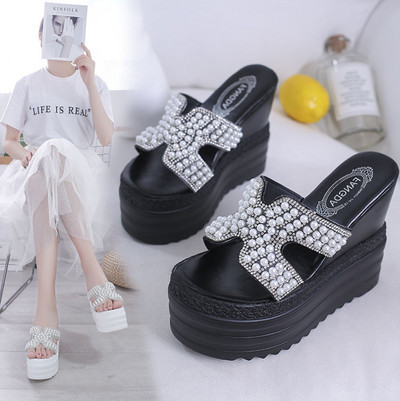 Papuci casual dama cu platforma de 12 cm si perle