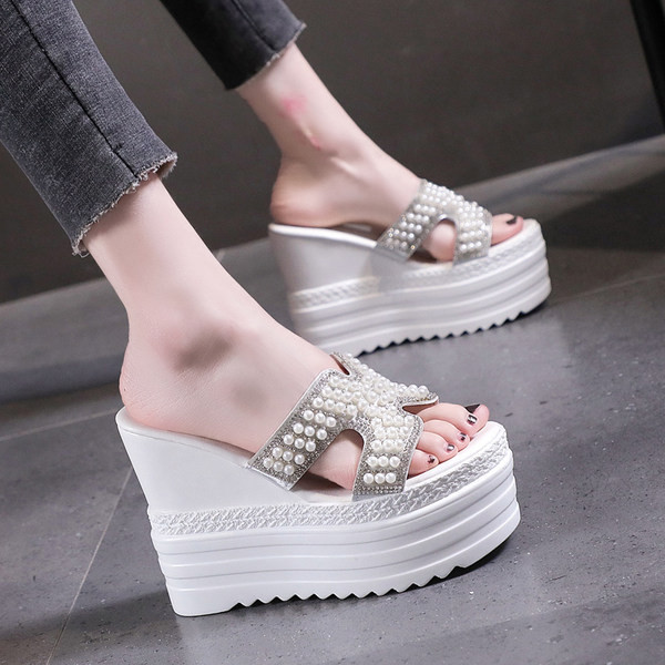 Papuci casual dama cu platforma de 12 cm si perle